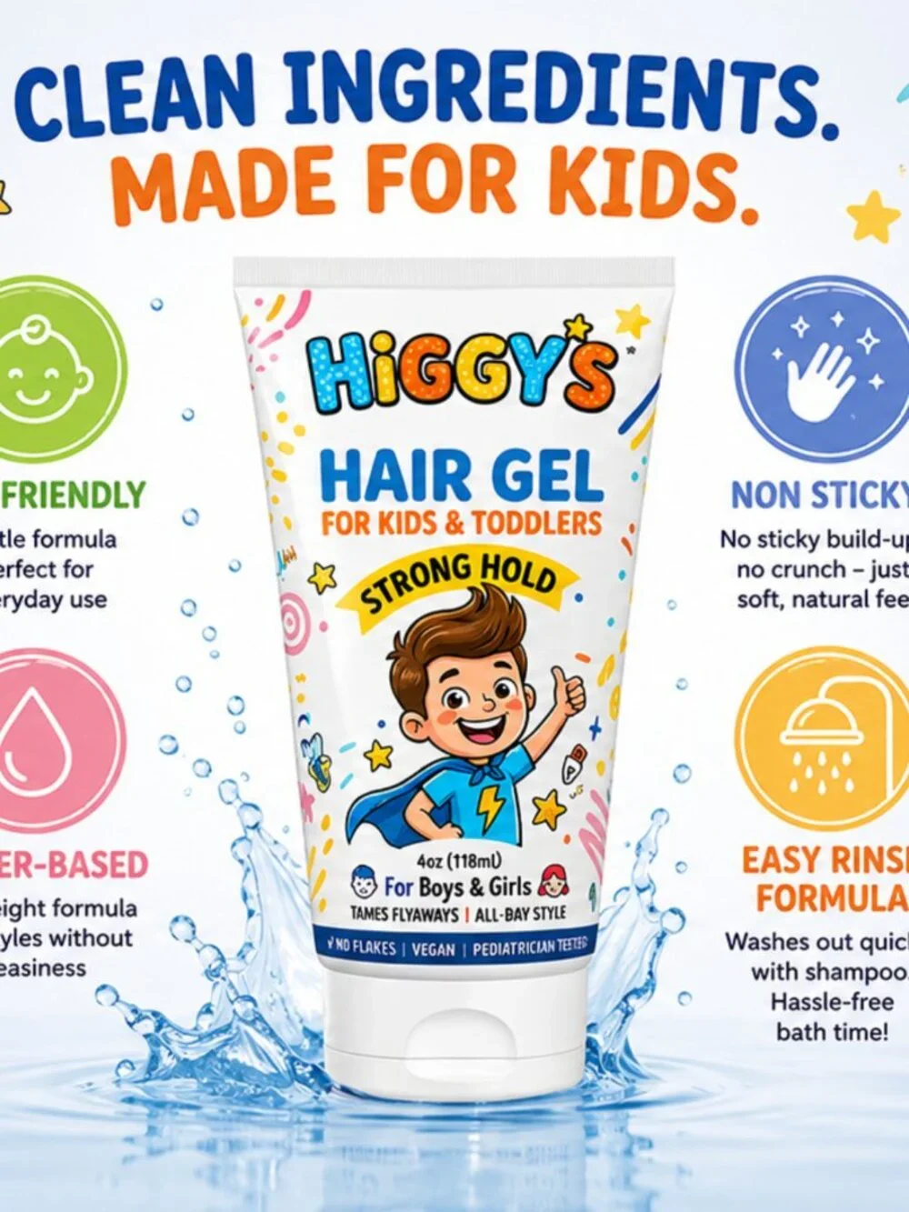 Higgy’s Kids Hair Gel Strong Hold 6oz – Water-Based Hair Styling Gel for Boys